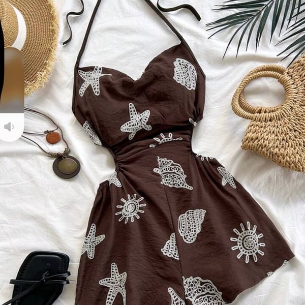 Soleia Women's Brown Halter Tie-Up Cutout Waist Shell and Starfish Embroidered Romper