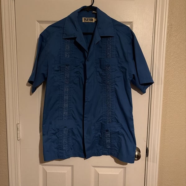 Platoon Men's Short Sleeve Blue Embroidered Guayabera Shirt