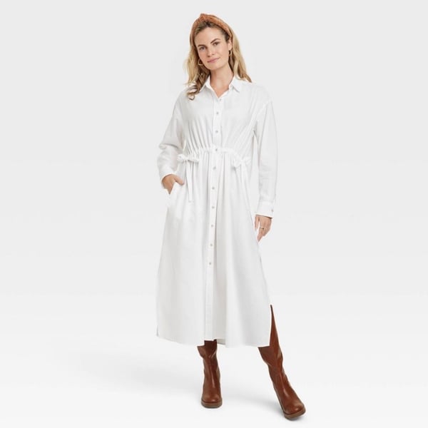 Universal Thread Long Sleeve Cinch Waist Maxi Shirtdress in White