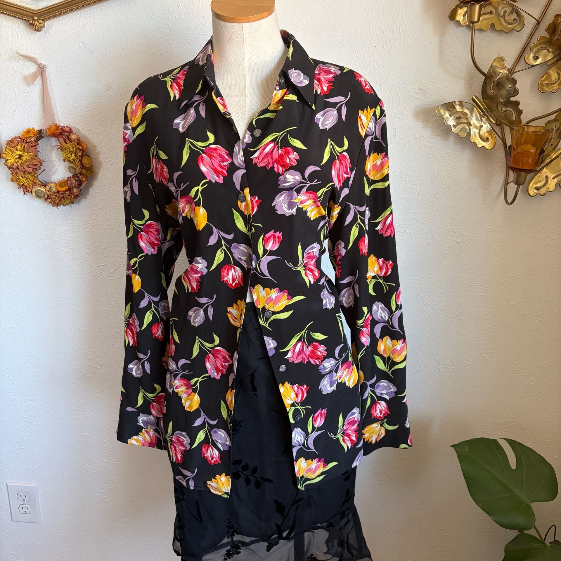 Vintage Silx Floral Tulip Print Button-Down Long Sleeve Blouse L 2