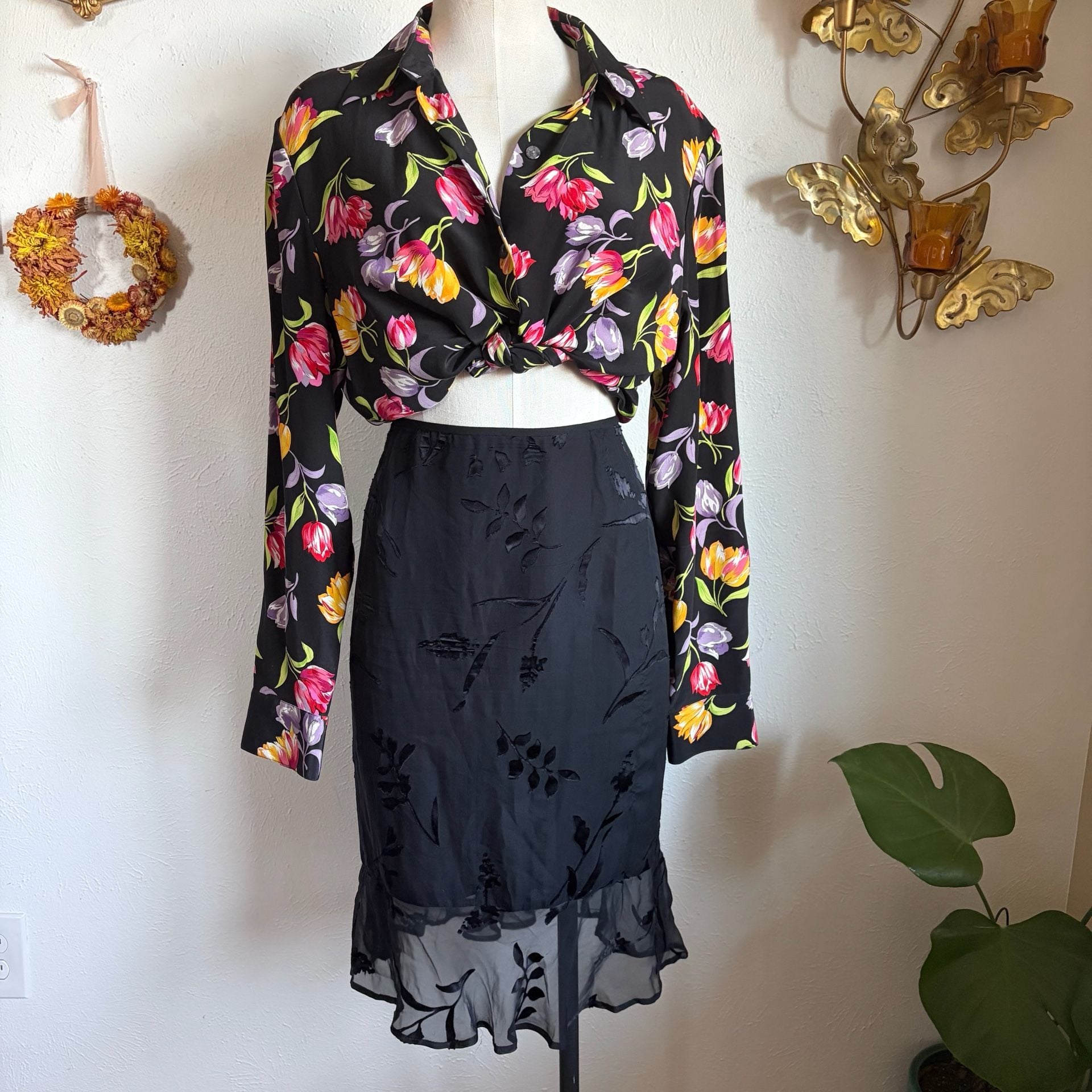 Vintage Silx Floral Tulip Print Button-Down Long Sleeve Blouse L 3