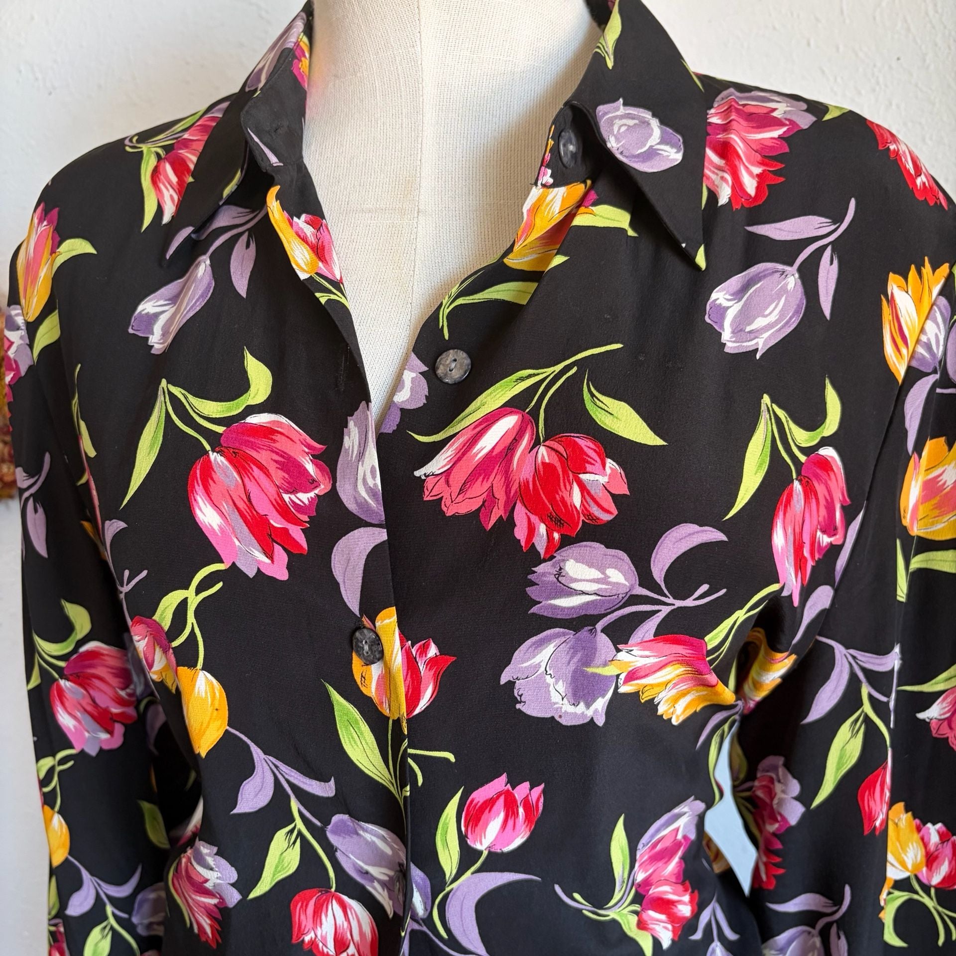 Vintage Silx Floral Tulip Print Button-Down Long Sleeve Blouse L 4