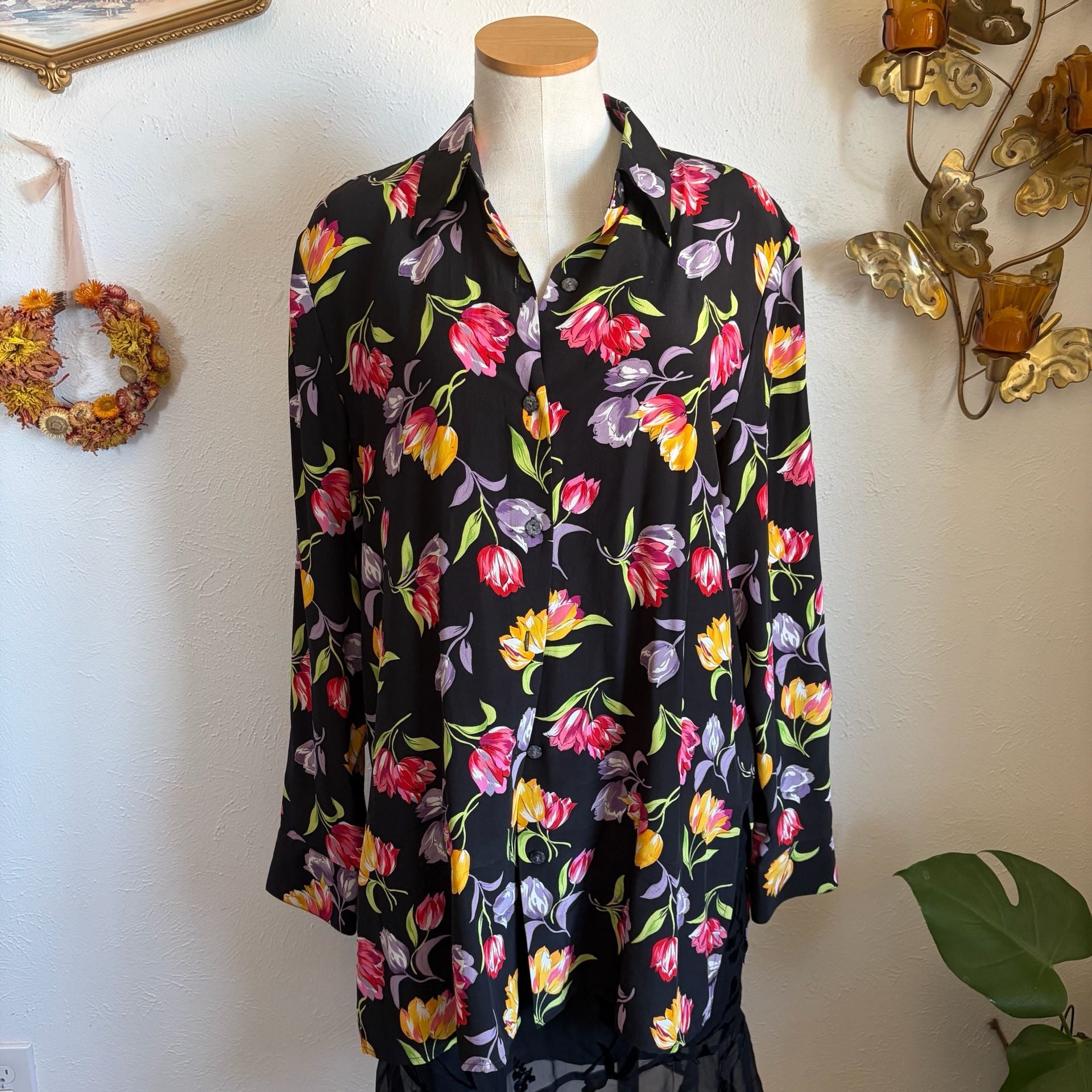 Vintage Silx Floral Tulip Print Button-Down Long Sleeve Blouse L 5