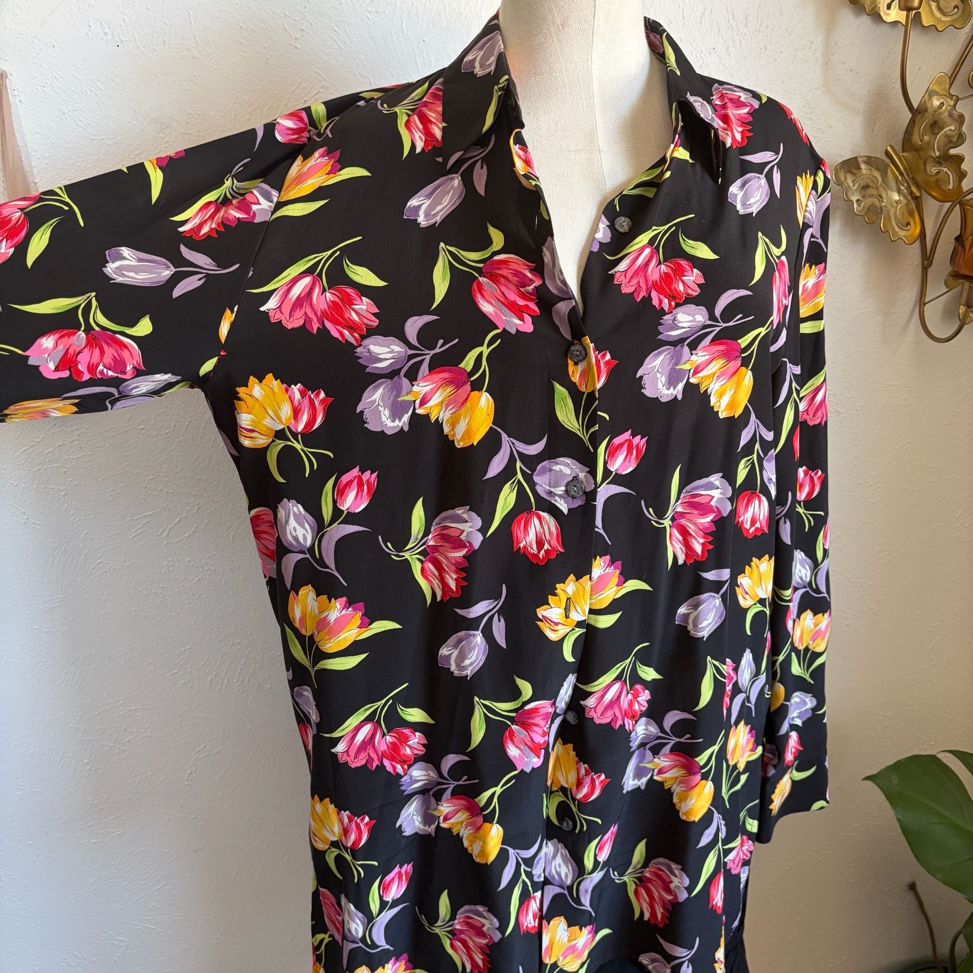 Vintage Silx Floral Tulip Print Button-Down Long Sleeve Blouse L 6