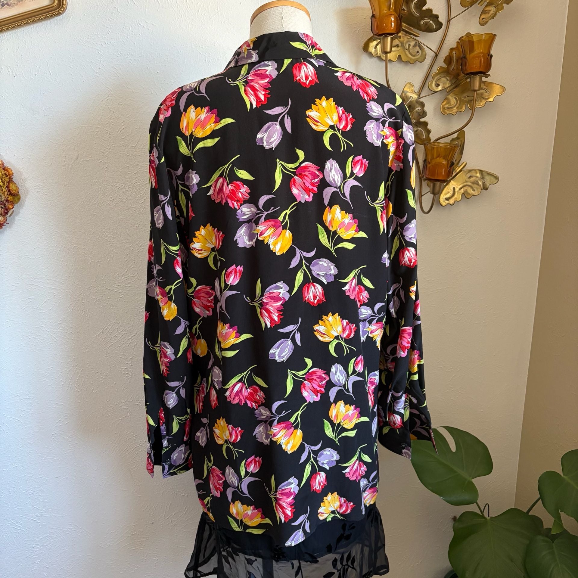Vintage Silx Floral Tulip Print Button-Down Long Sleeve Blouse L 7