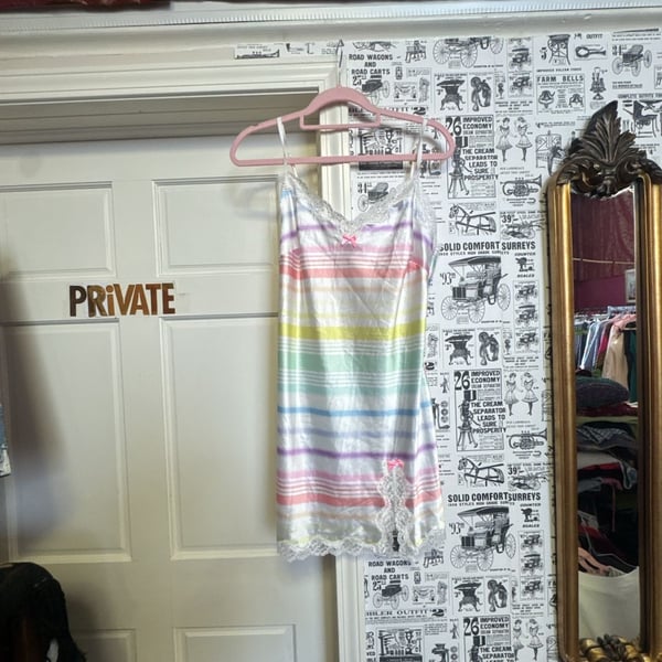 Victoria's Secret Pastel Rainbow Striped Satin Chemise Slip Dress with Lace Trim 2011