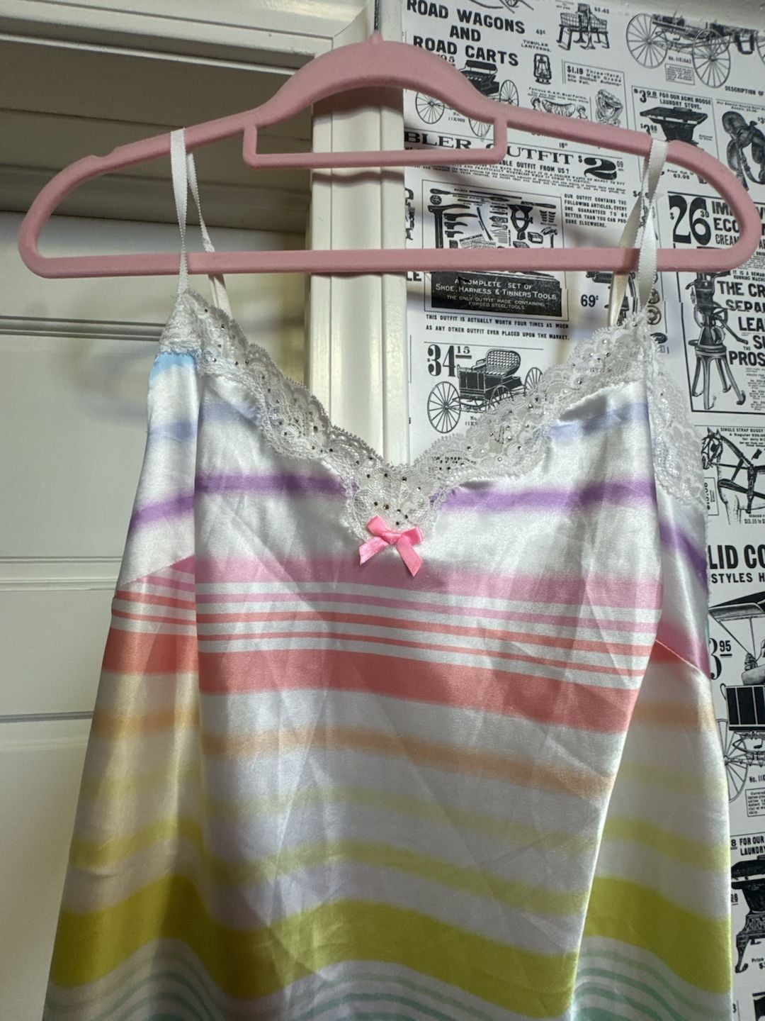 Victoria's Secret Pastel Rainbow Striped Satin Chemise Slip Dress with Lace Trim 2011 2