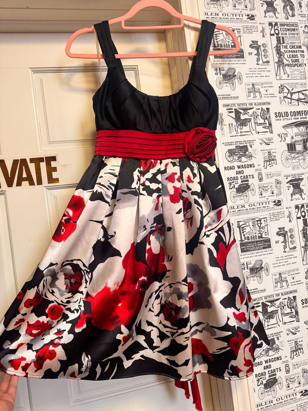 City Triangles Sleeveless Floral Print A-Line Formal Dress with Red Waist Sash and Rose Detail 2