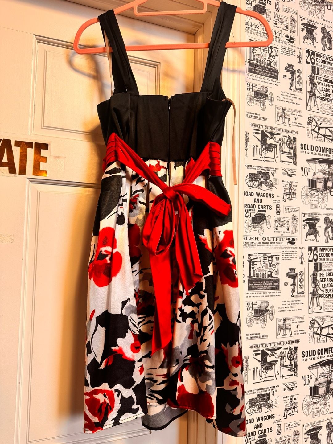 City Triangles Sleeveless Floral Print A-Line Formal Dress with Red Waist Sash and Rose Detail 5