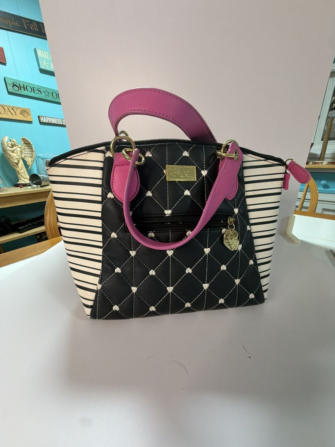 Luv Betsey by Betsey Johnson Quilted Heart Satchel with Striped Side Panels 2