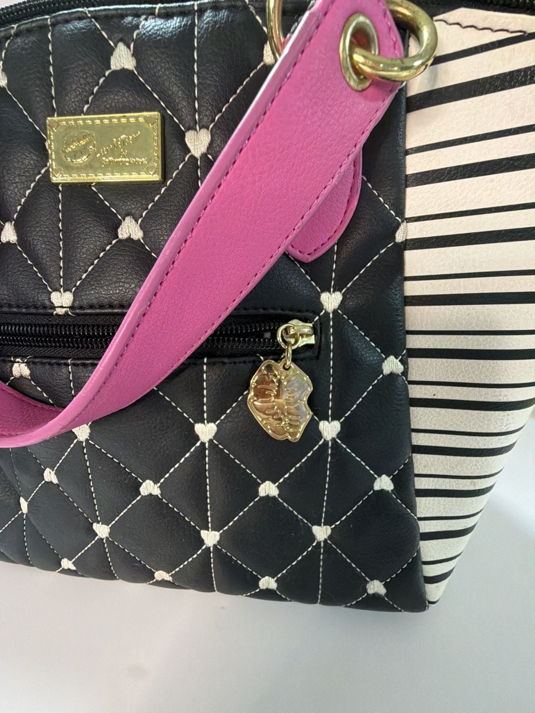 Luv Betsey by Betsey Johnson Quilted Heart Satchel with Striped Side Panels 5