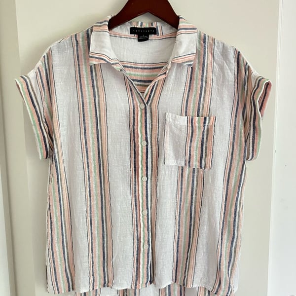 Sanctuary Women's Short Sleeve Button-Up Shirt in Striped Linen Blend with Lurex