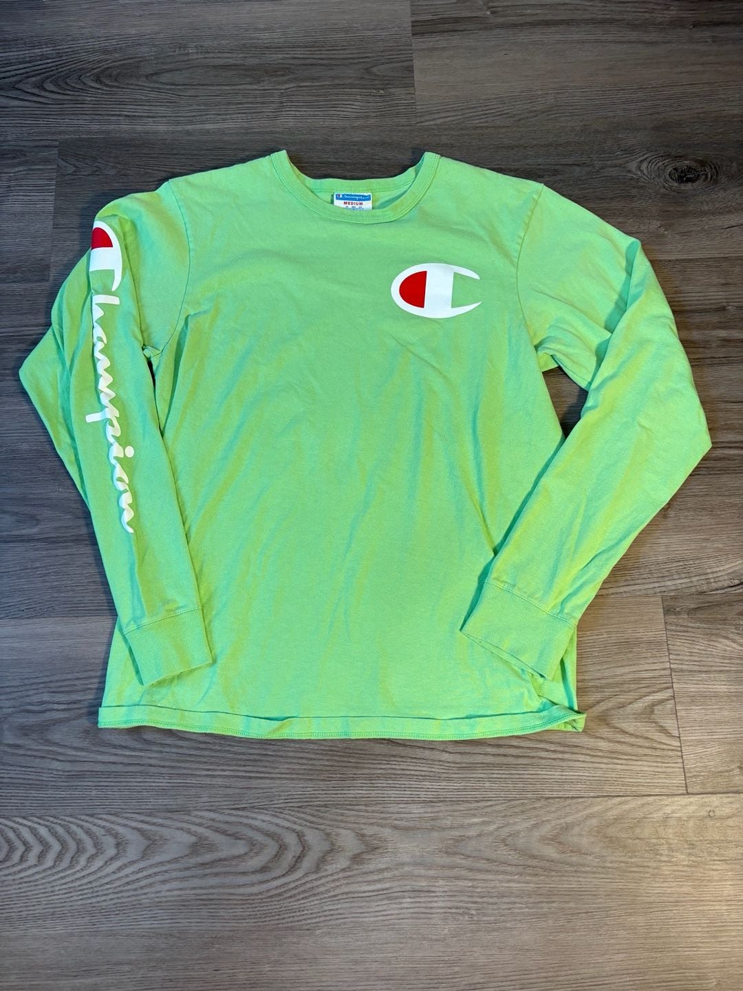 Champion Men's Lime Green Long Sleeve Graphic T-Shirt with Logo Chest 2
