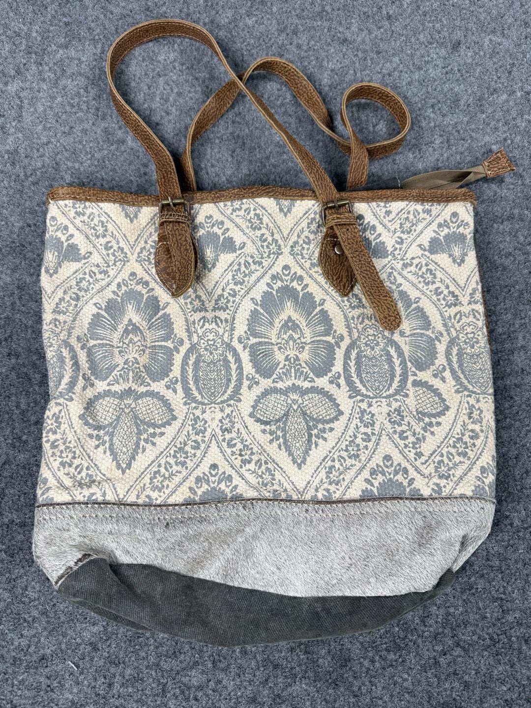 Myra Bag Upcycled Canvas and Genuine Leather Tote Bag with Floral Damask Pattern 2