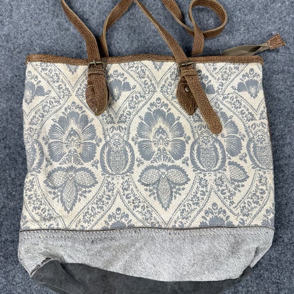 Myra Bag Upcycled Canvas and Genuine Leather Tote Bag with Floral Damask Pattern