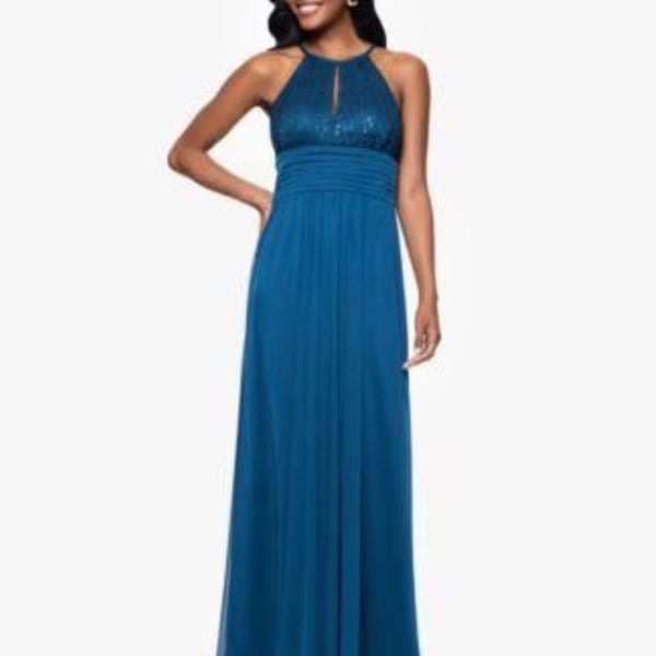 B&A by Betsy & Adam Petites Lace Long Halter Dress in Peacock