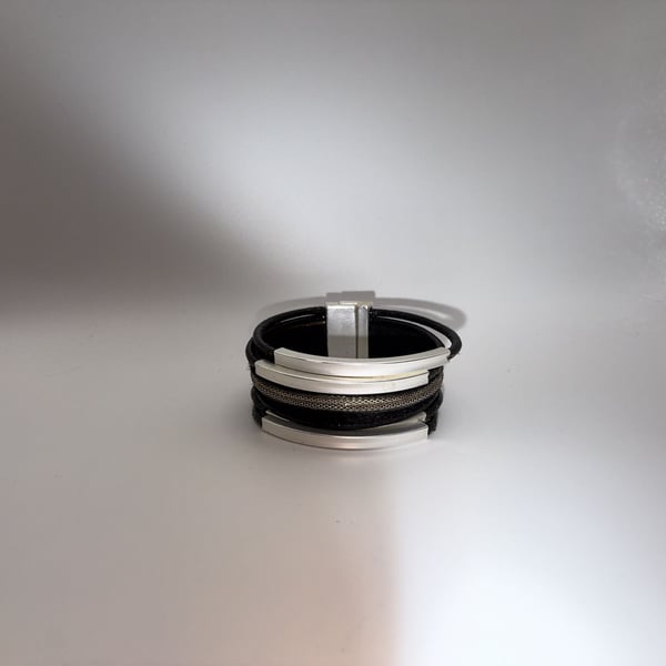 Stella Valle Women Warriors Multi-Strand Black Leather and Silver-Tone Bracelet