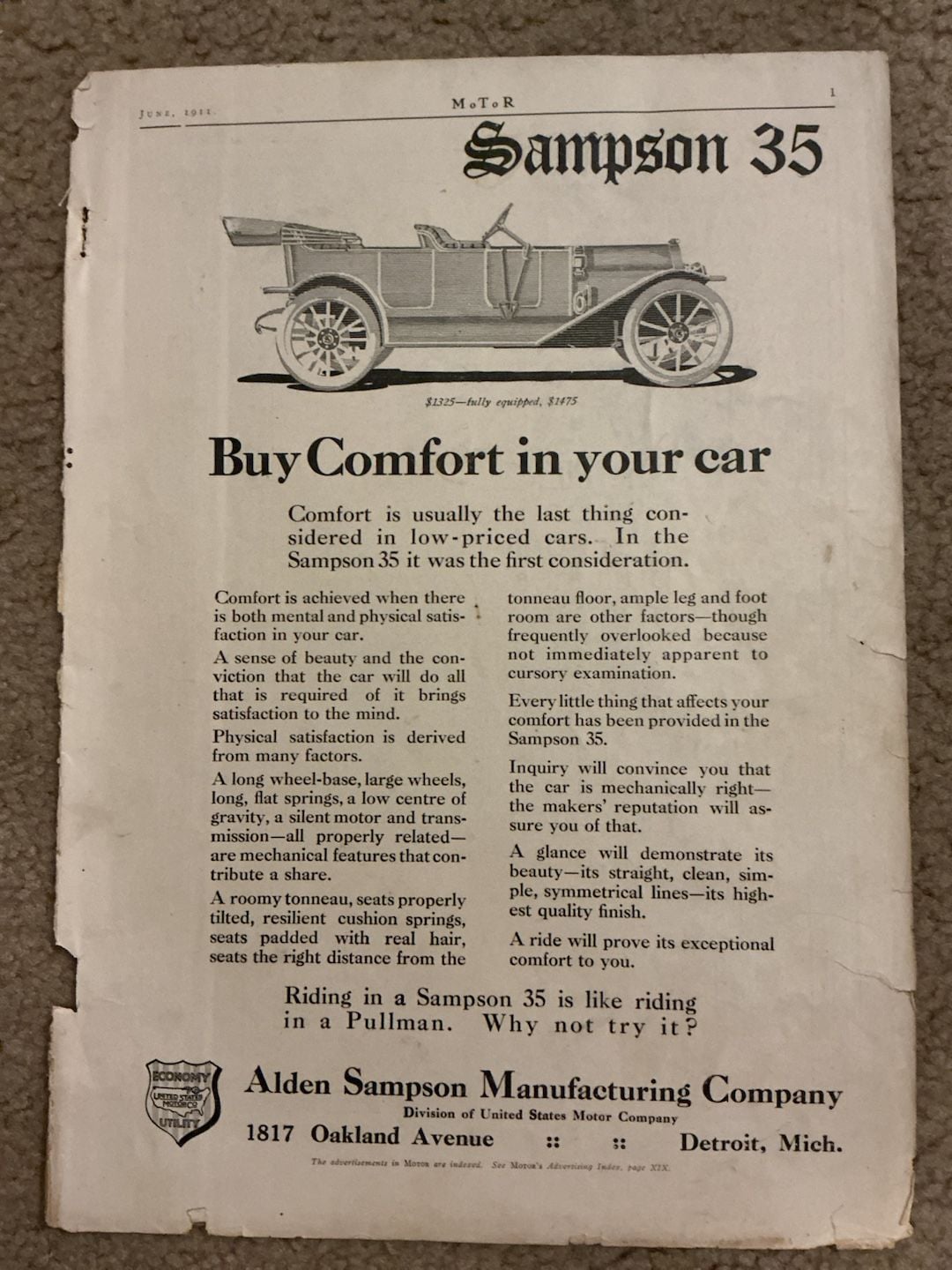 Lot of 6 Vintage 1911 Automobile Magazine Advertisements from MoToR Magazine 14