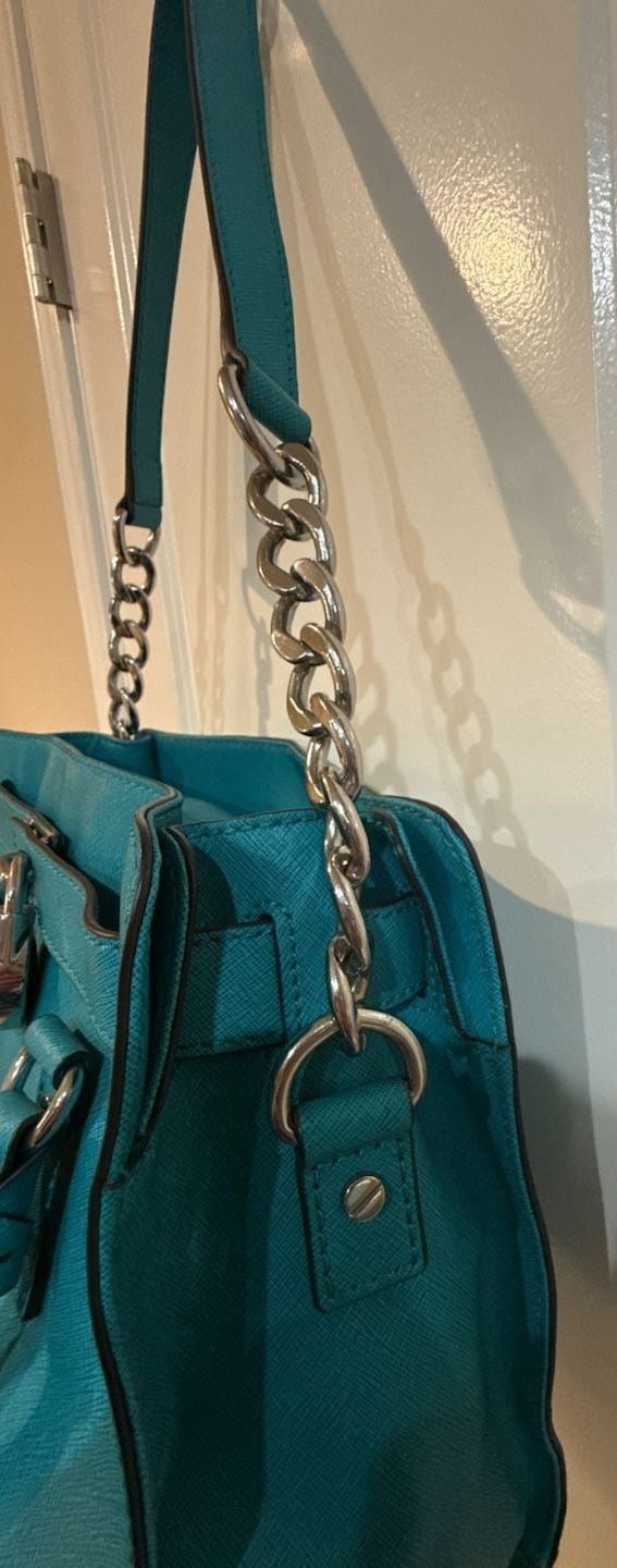 Michael Kors Hamilton Saffiano Leather Chain-Strap Satchel in Teal 7