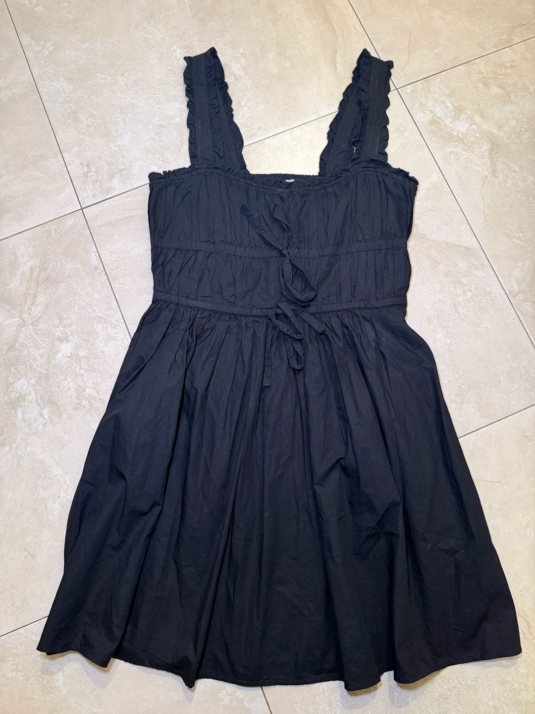 Topshop Black Cotton Smocked Tie-Front Mini Dress 2