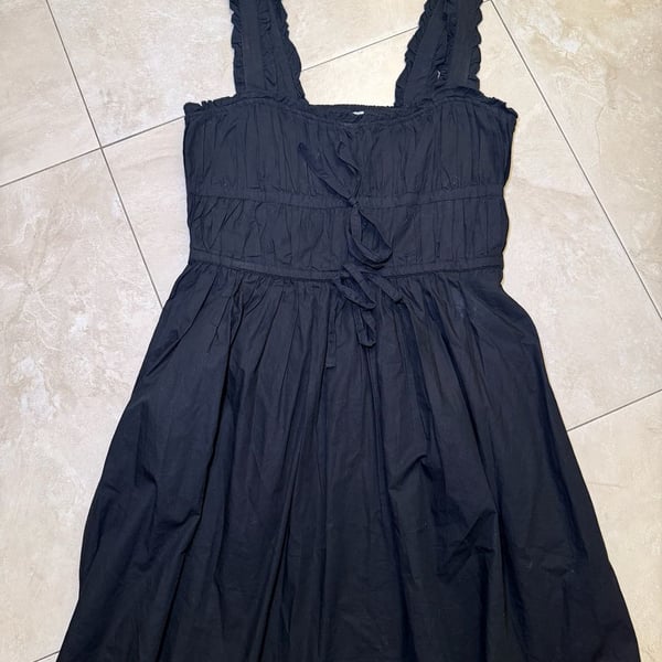 Topshop Black Cotton Smocked Tie-Front Mini Dress