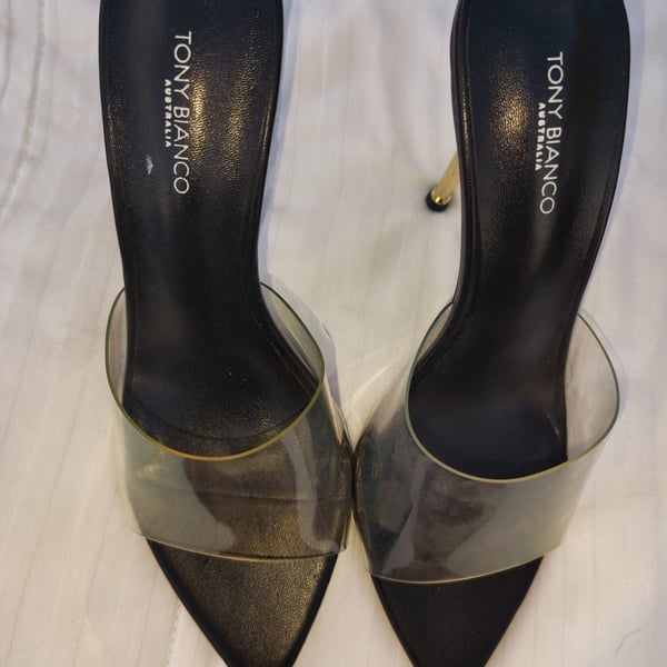 Tony Bianco Australia Black Pointed Toe Clear PVC Mule Stiletto Heels
