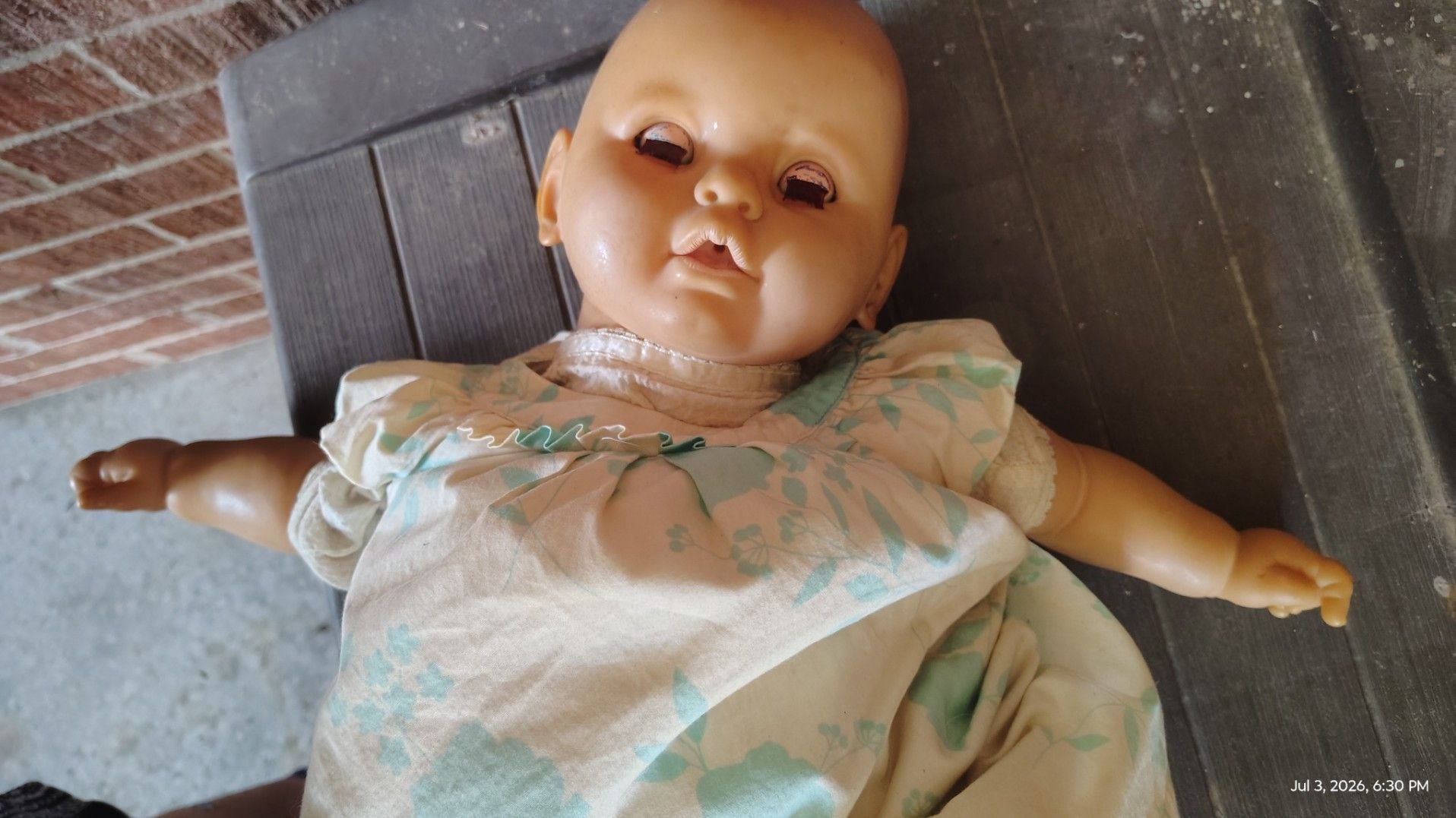 Vintage Vinyl Baby Doll with Blue Sleep Eyes and Floral Dress 2