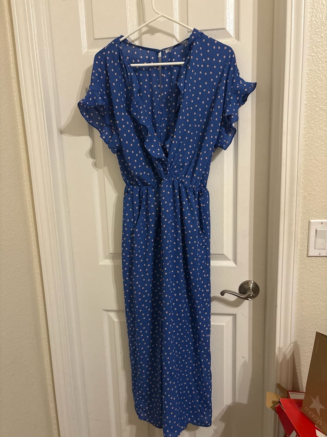 Collective Concepts Blue and White Polka Dot Flutter Sleeve Jumpsuit 1
