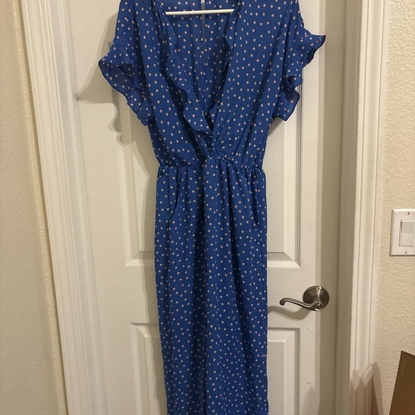 Collective Concepts Blue and White Polka Dot Flutter Sleeve Jumpsuit