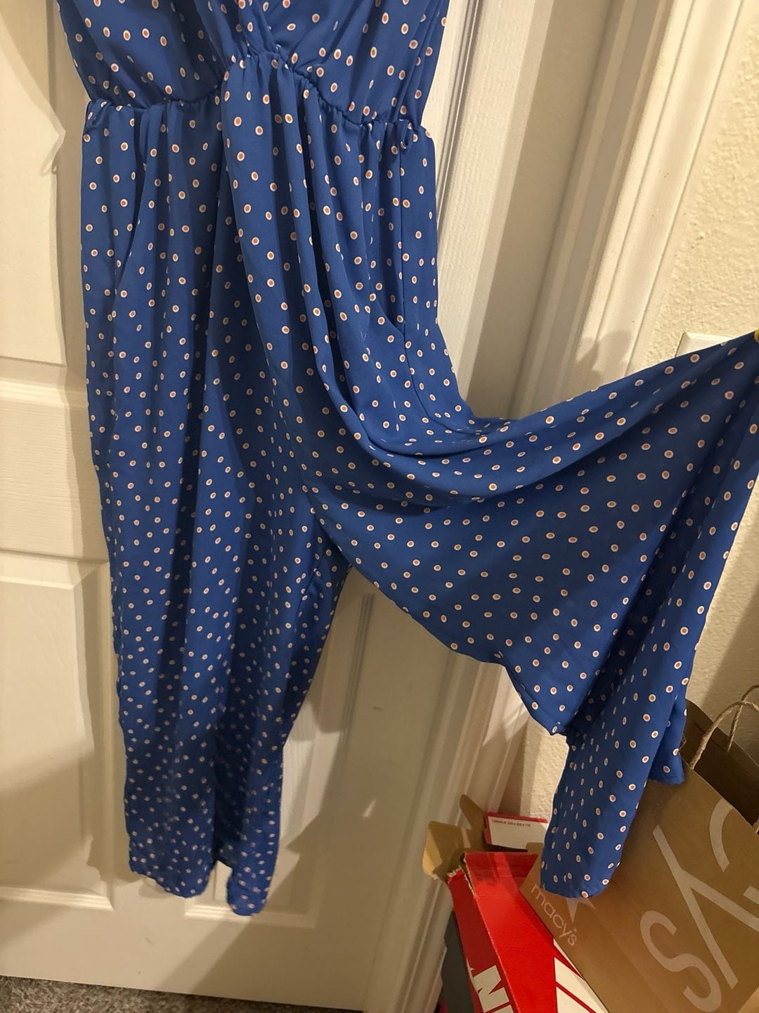 Collective Concepts Blue and White Polka Dot Flutter Sleeve Jumpsuit 2