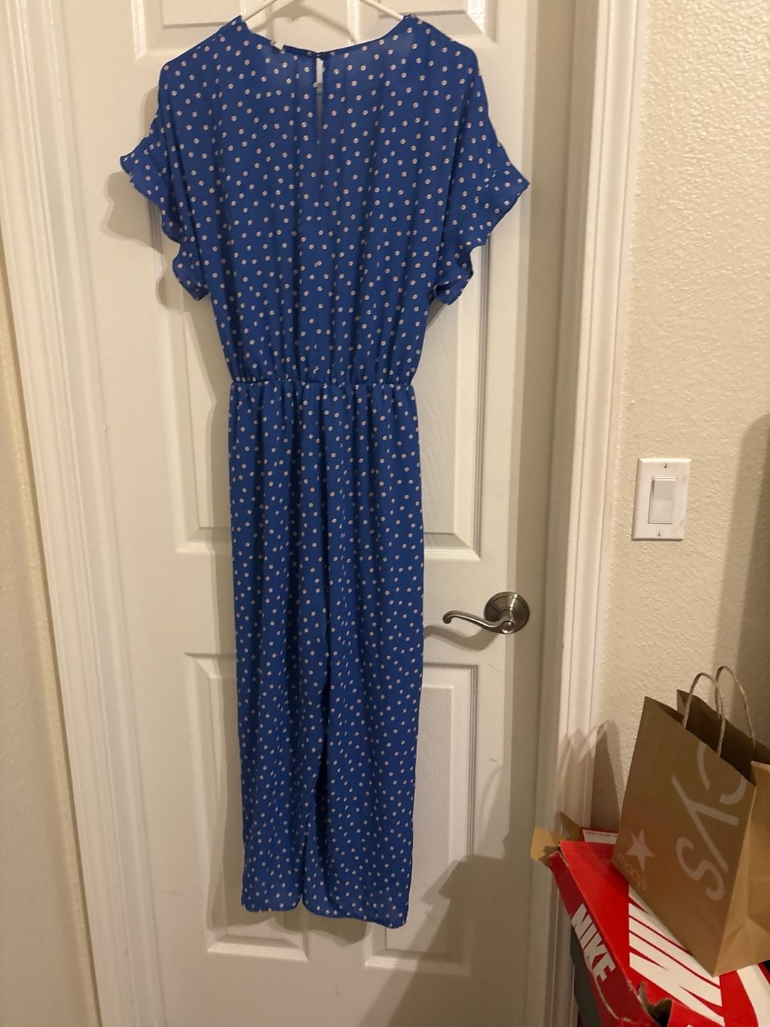 Collective Concepts Blue and White Polka Dot Flutter Sleeve Jumpsuit 3