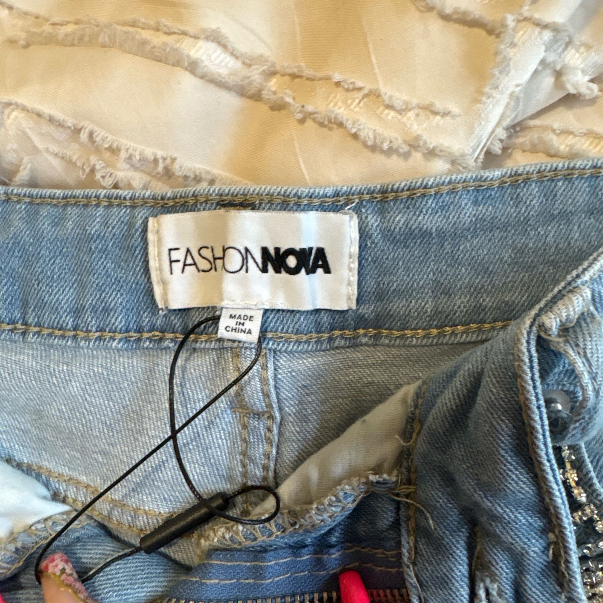 Fashion Nova Distressed Denim Jean Shorts with Rhinestone Fringe Embellishments 2