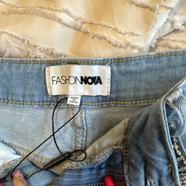 Fashion Nova Distressed Denim Jean Shorts with Rhinestone Fringe Embellishments