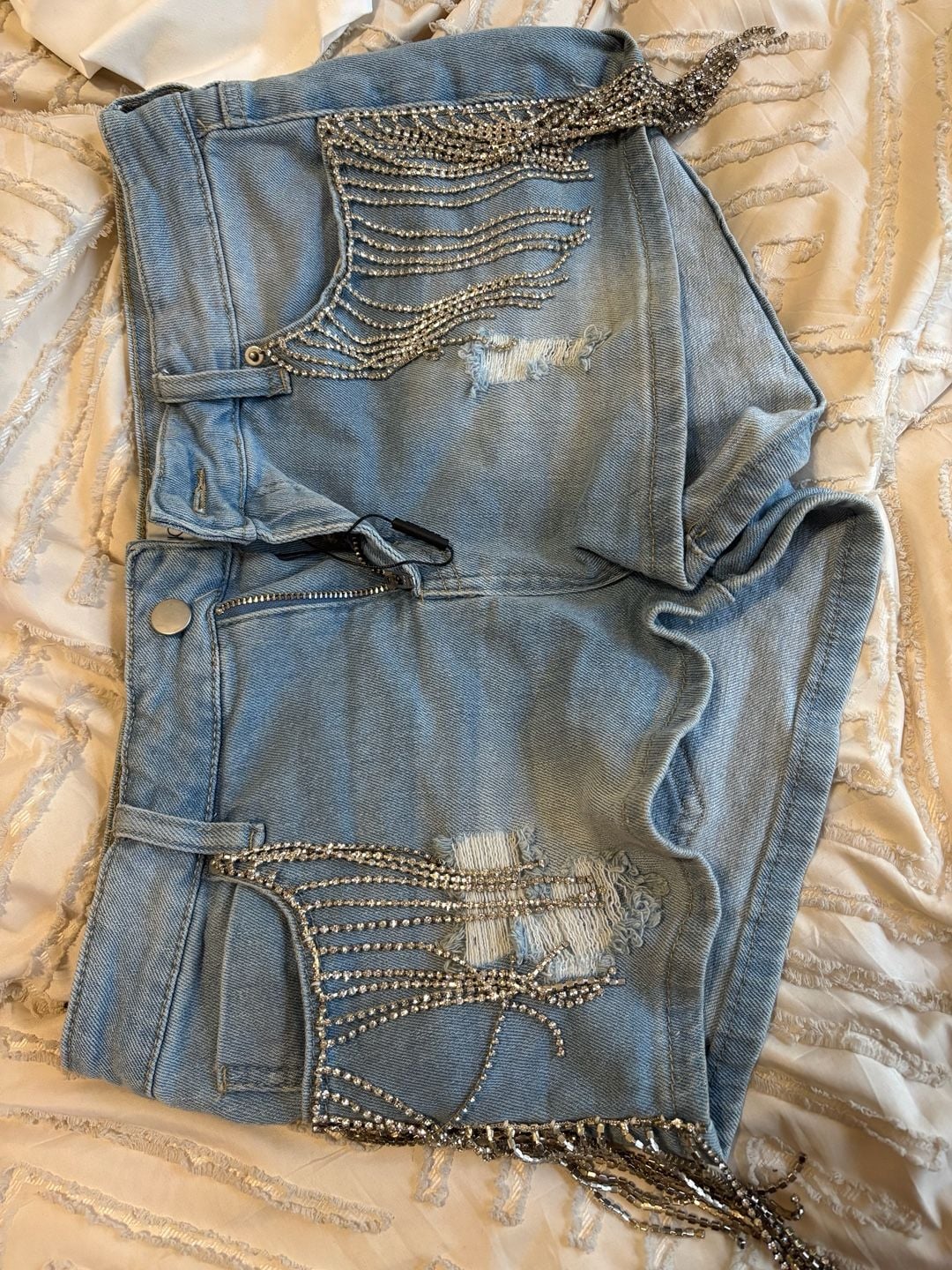 Fashion Nova Distressed Denim Jean Shorts with Rhinestone Fringe Embellishments 3
