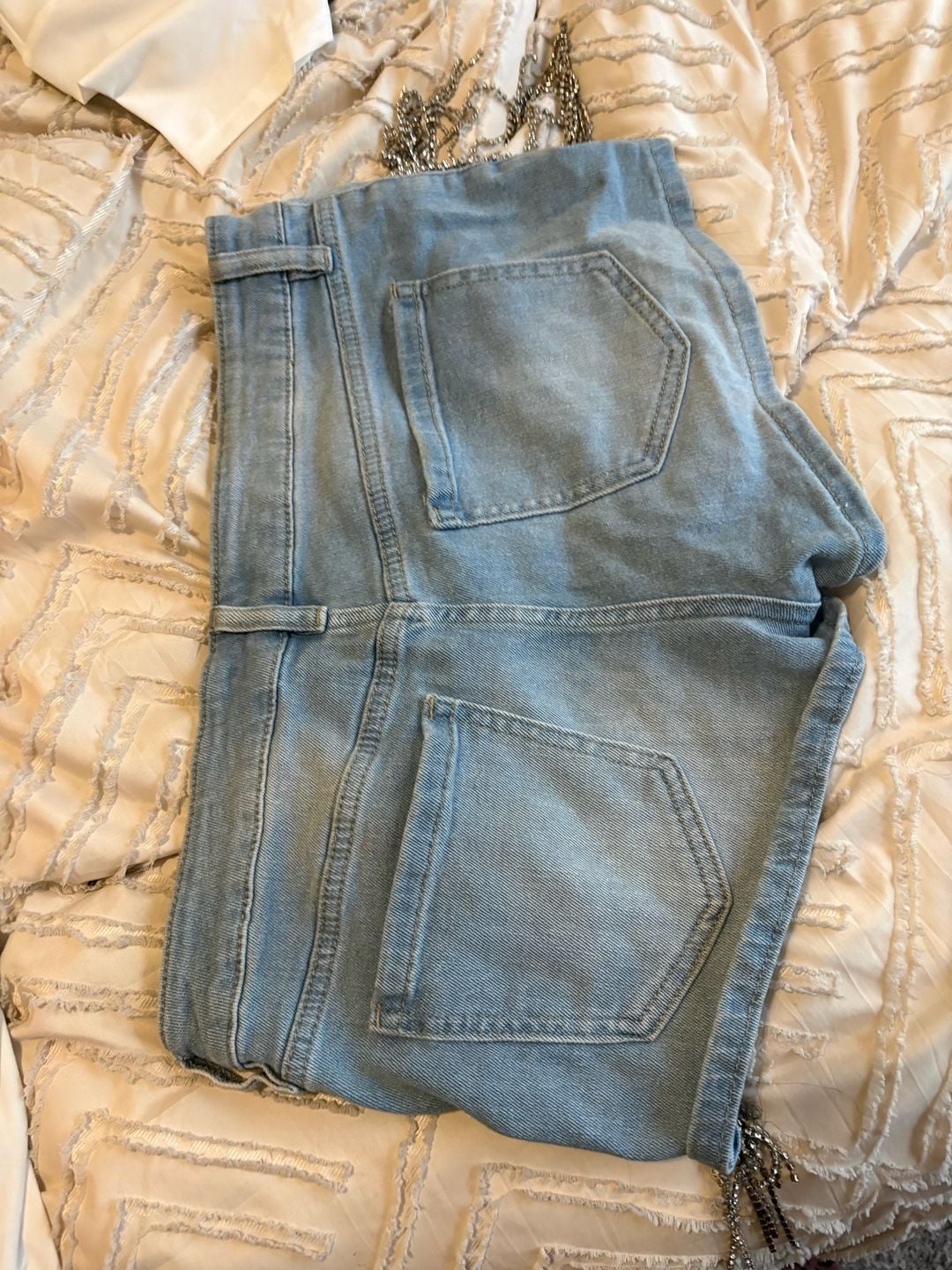 Fashion Nova Distressed Denim Jean Shorts with Rhinestone Fringe Embellishments 4