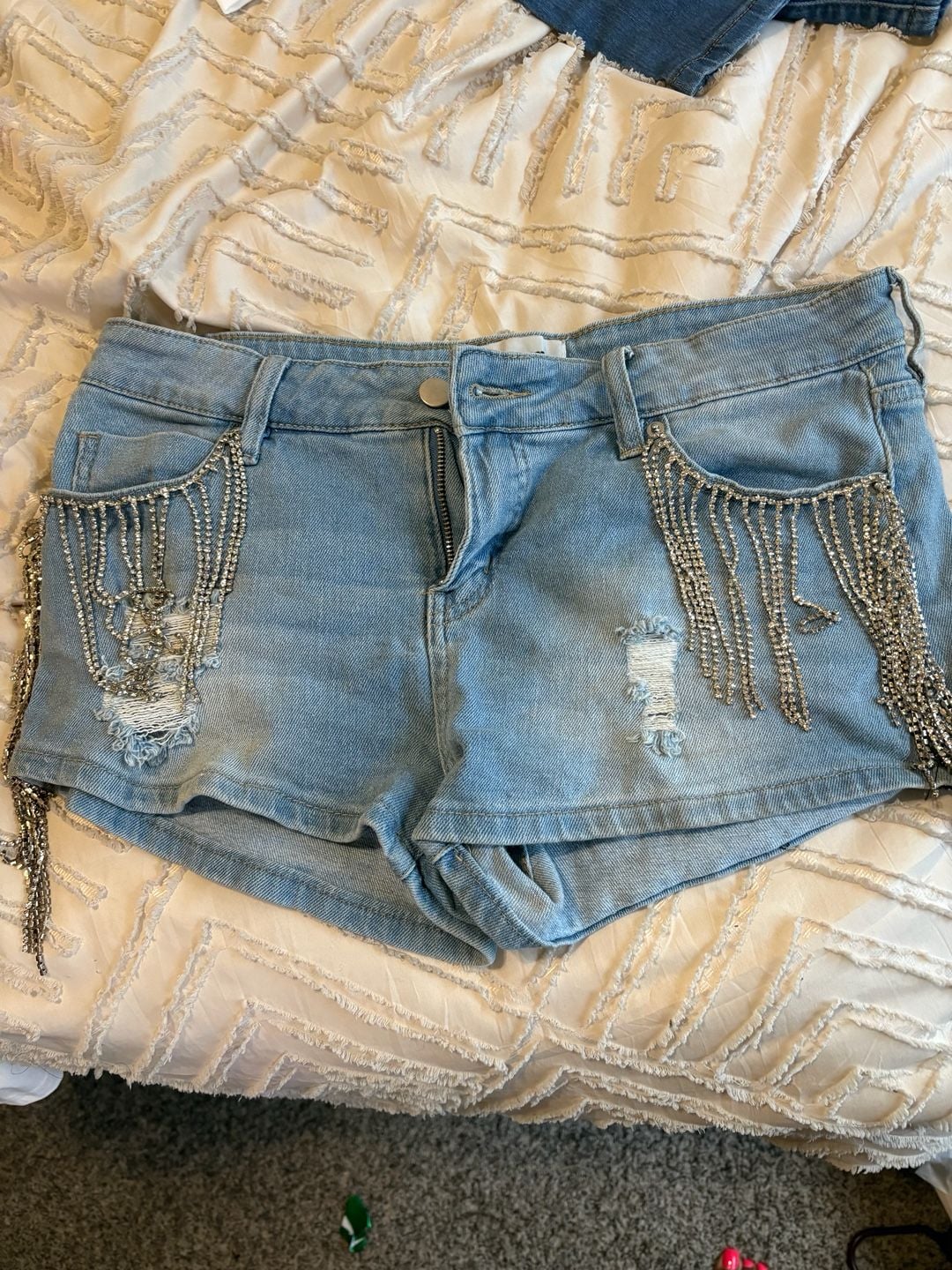 Fashion Nova Distressed Denim Jean Shorts with Rhinestone Fringe Embellishments 5
