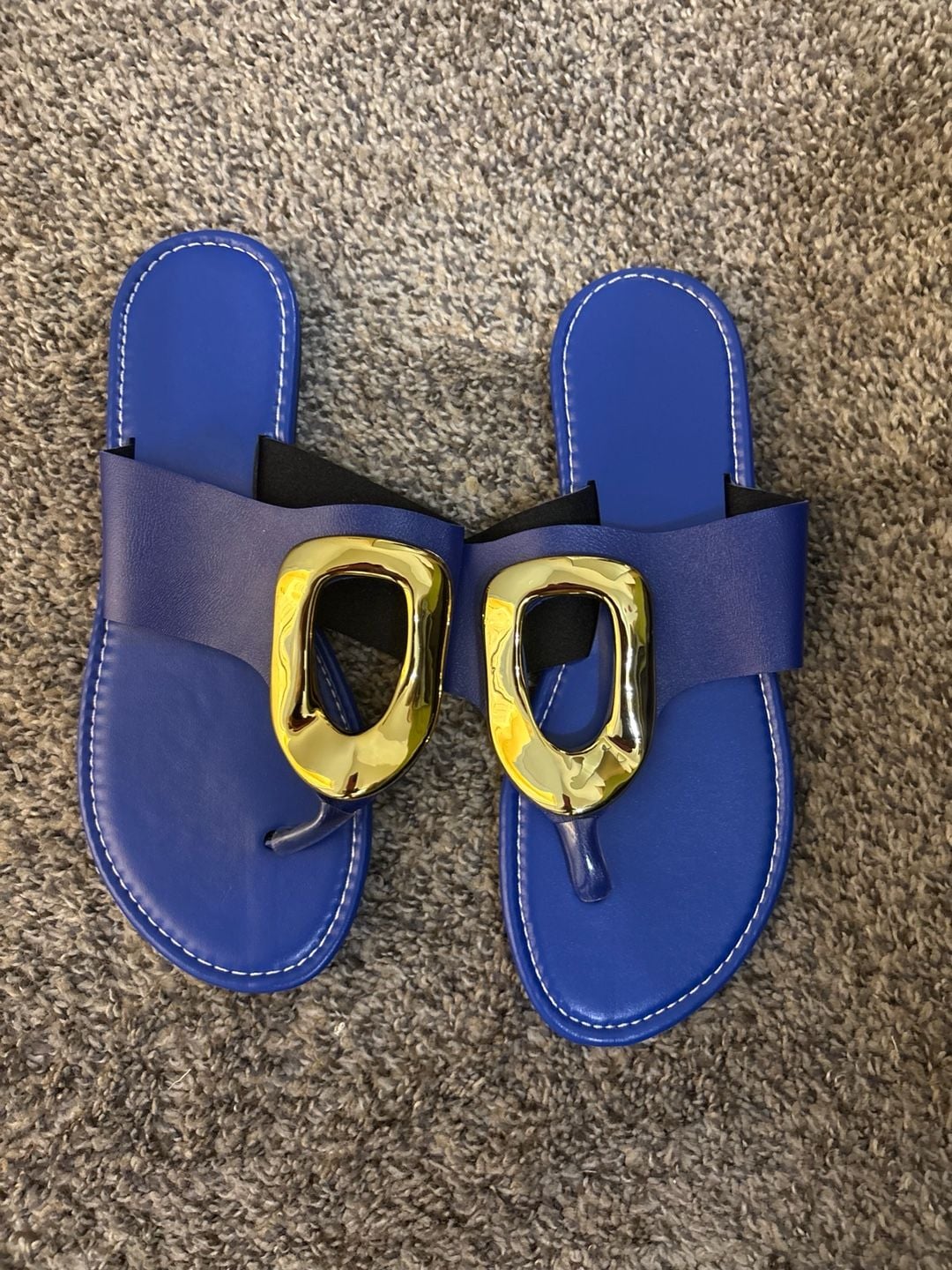 Women's Royal Blue Flat Thong Sandals with Gold-Tone Geometric Hardware 1