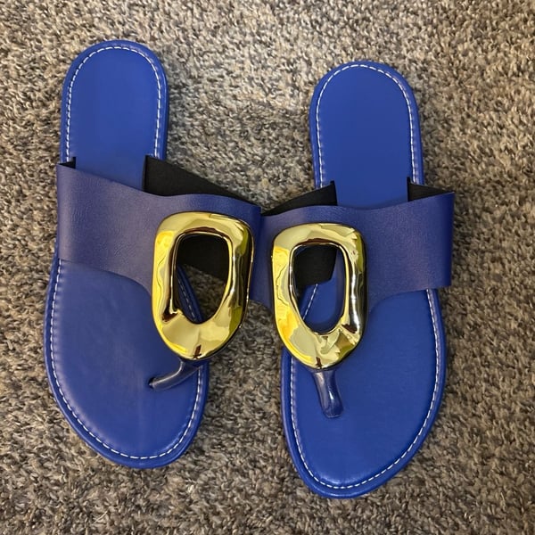 Women's Royal Blue Flat Thong Sandals with Gold-Tone Geometric Hardware
