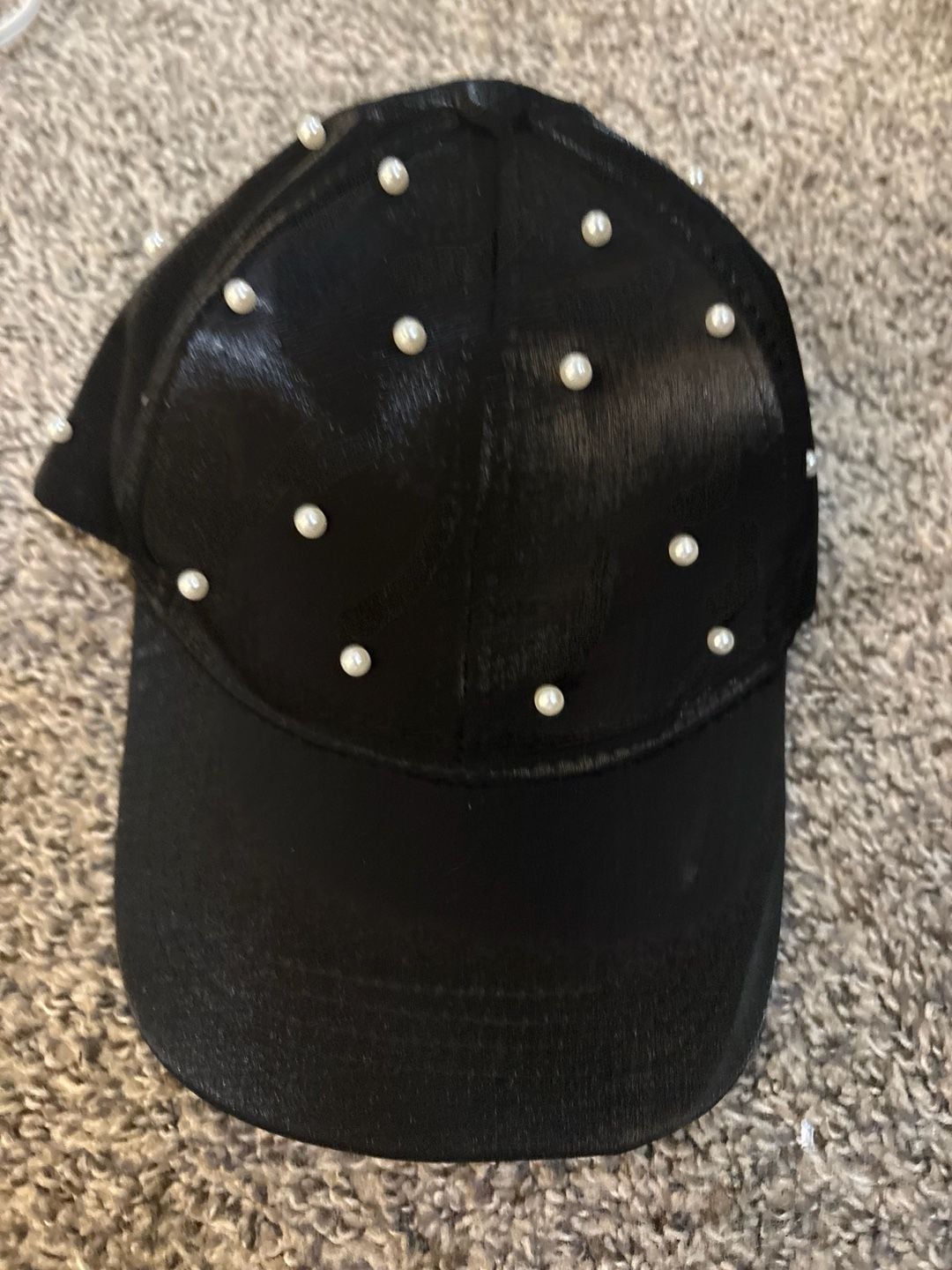 Black Satin Baseball Cap with Faux Pearl Stud Embellishments 1