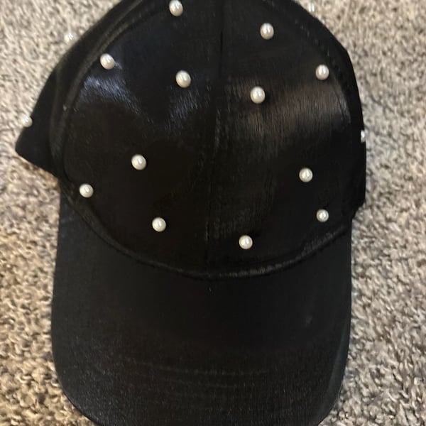 Black Satin Baseball Cap with Faux Pearl Stud Embellishments