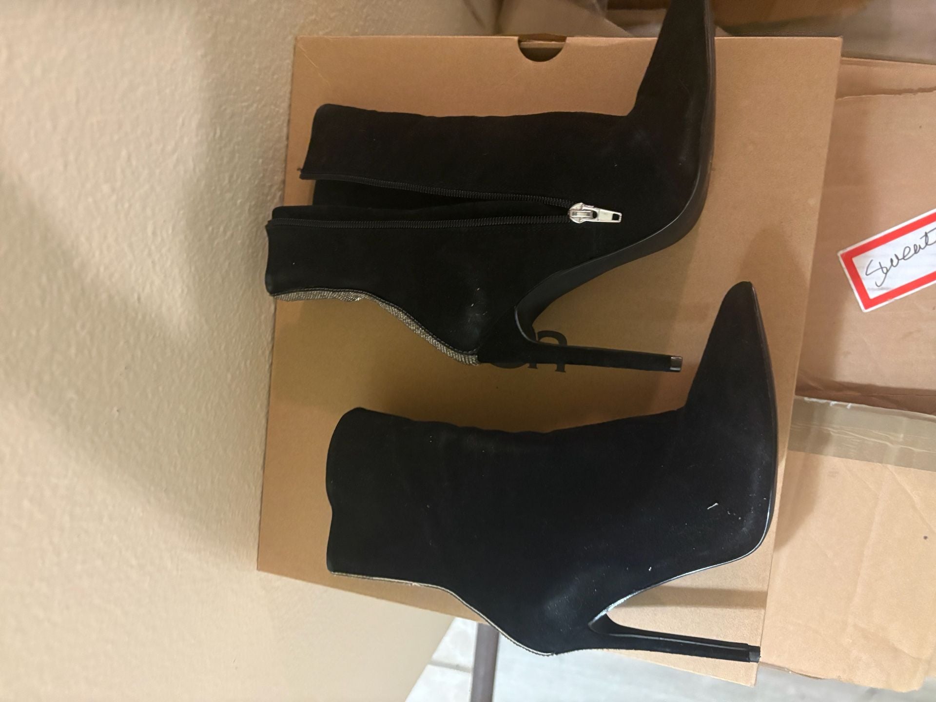Steve Madden Black Suede Pointed Toe Ankle Boots with Rhinestone Back Detail 1