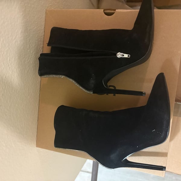 Steve Madden Black Suede Pointed Toe Ankle Boots with Rhinestone Back Detail