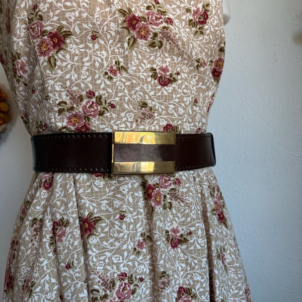 Vintage Dark Brown Italian Leather Belt with Rectangular Gold-Tone Buckle XL