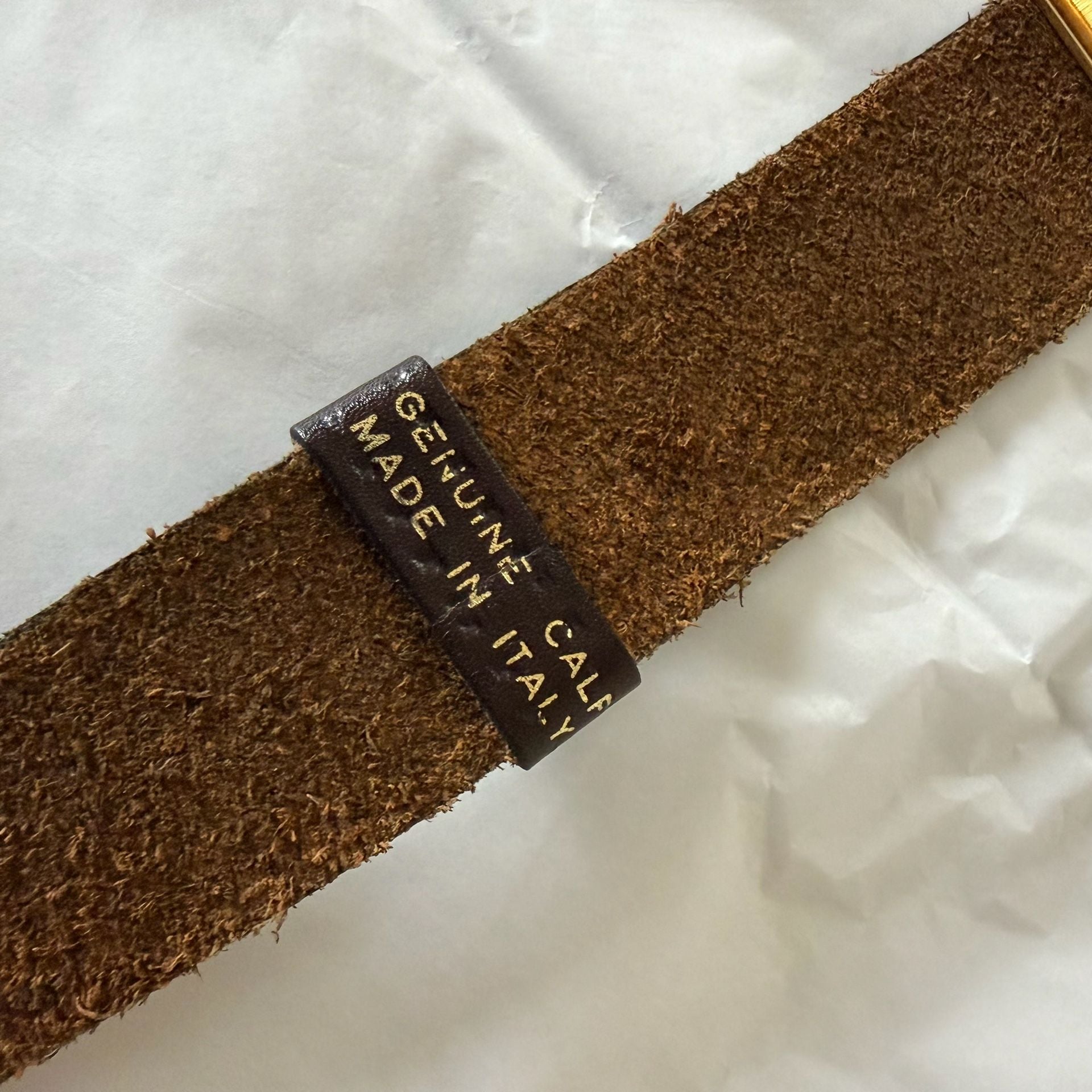 Vintage Dark Brown Italian Leather Belt with Rectangular Gold-Tone Buckle XL 8