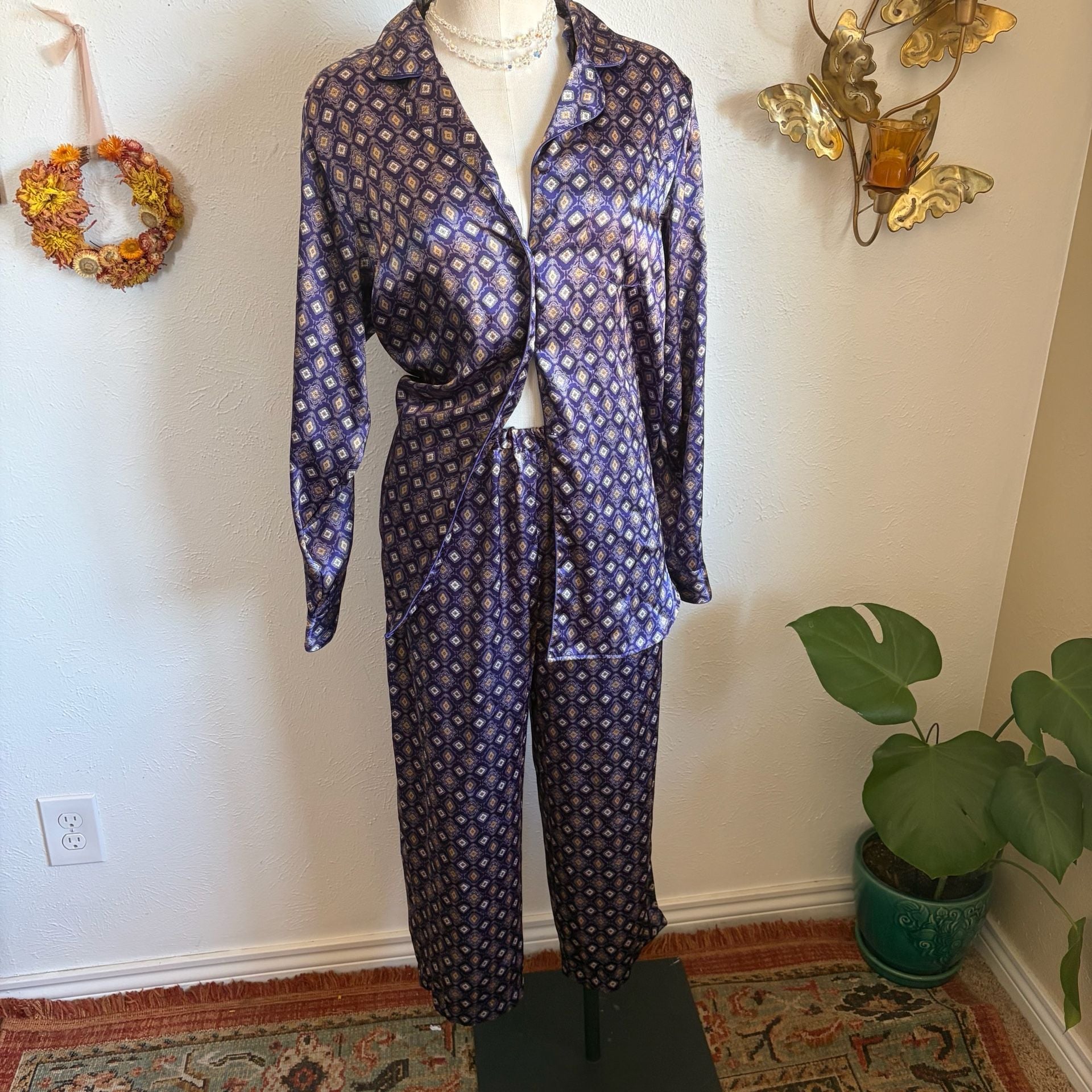 Purple Geometric Pattern Satin Pajama Set S 1