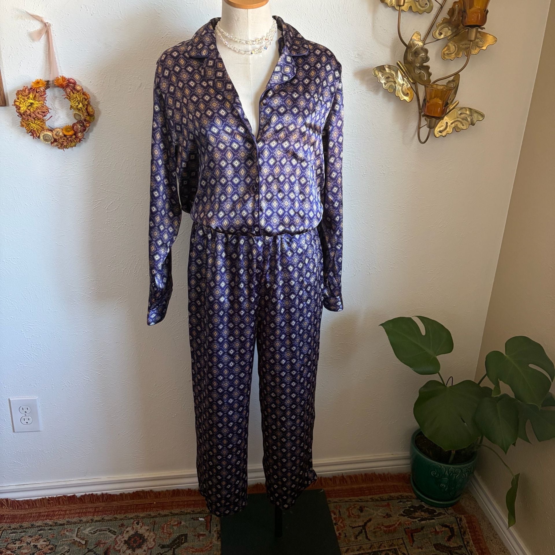 Purple Geometric Pattern Satin Pajama Set S 2