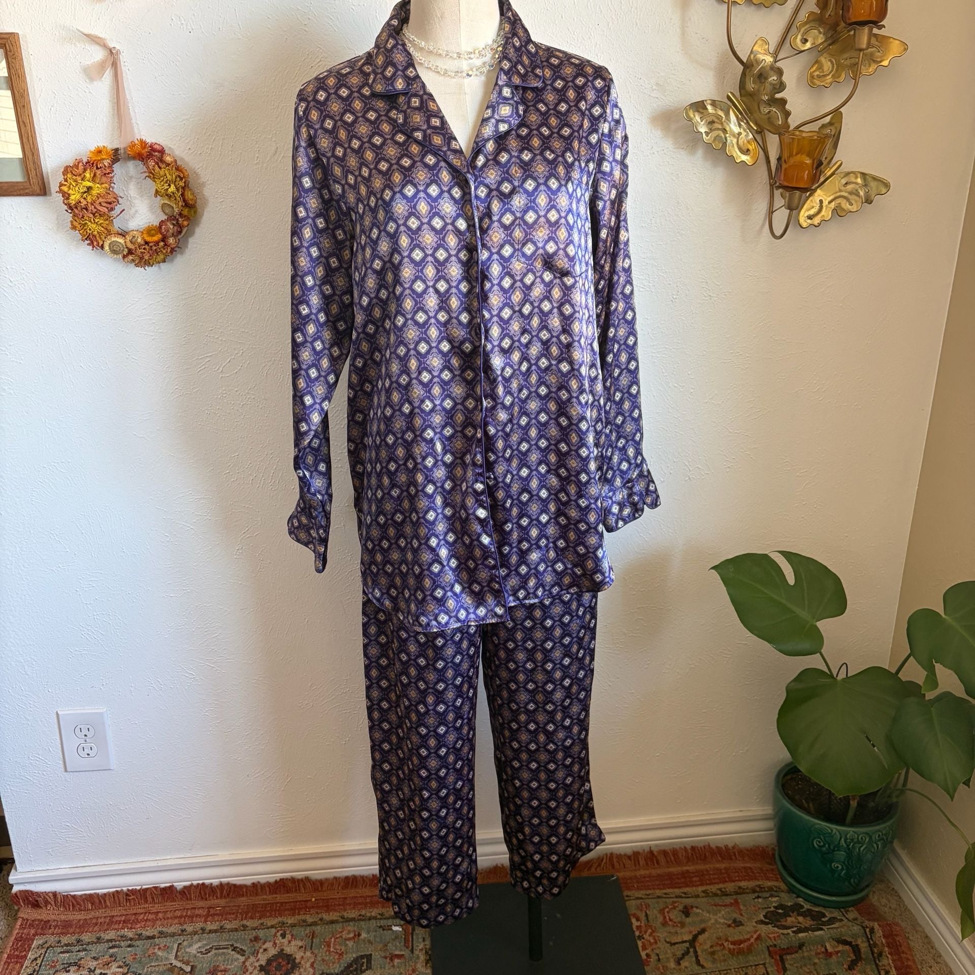 Purple Geometric Pattern Satin Pajama Set S 3
