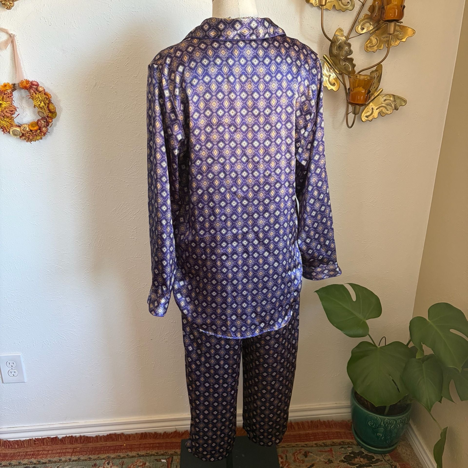 Purple Geometric Pattern Satin Pajama Set S 4