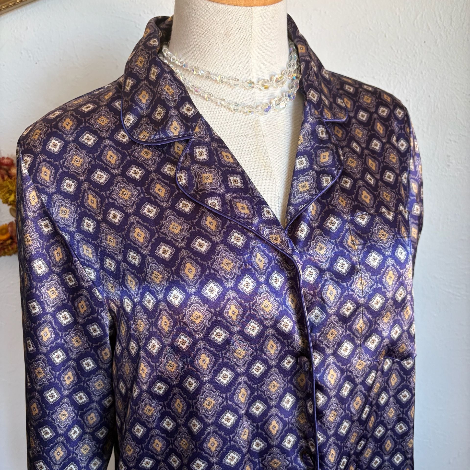 Purple Geometric Pattern Satin Pajama Set S 5