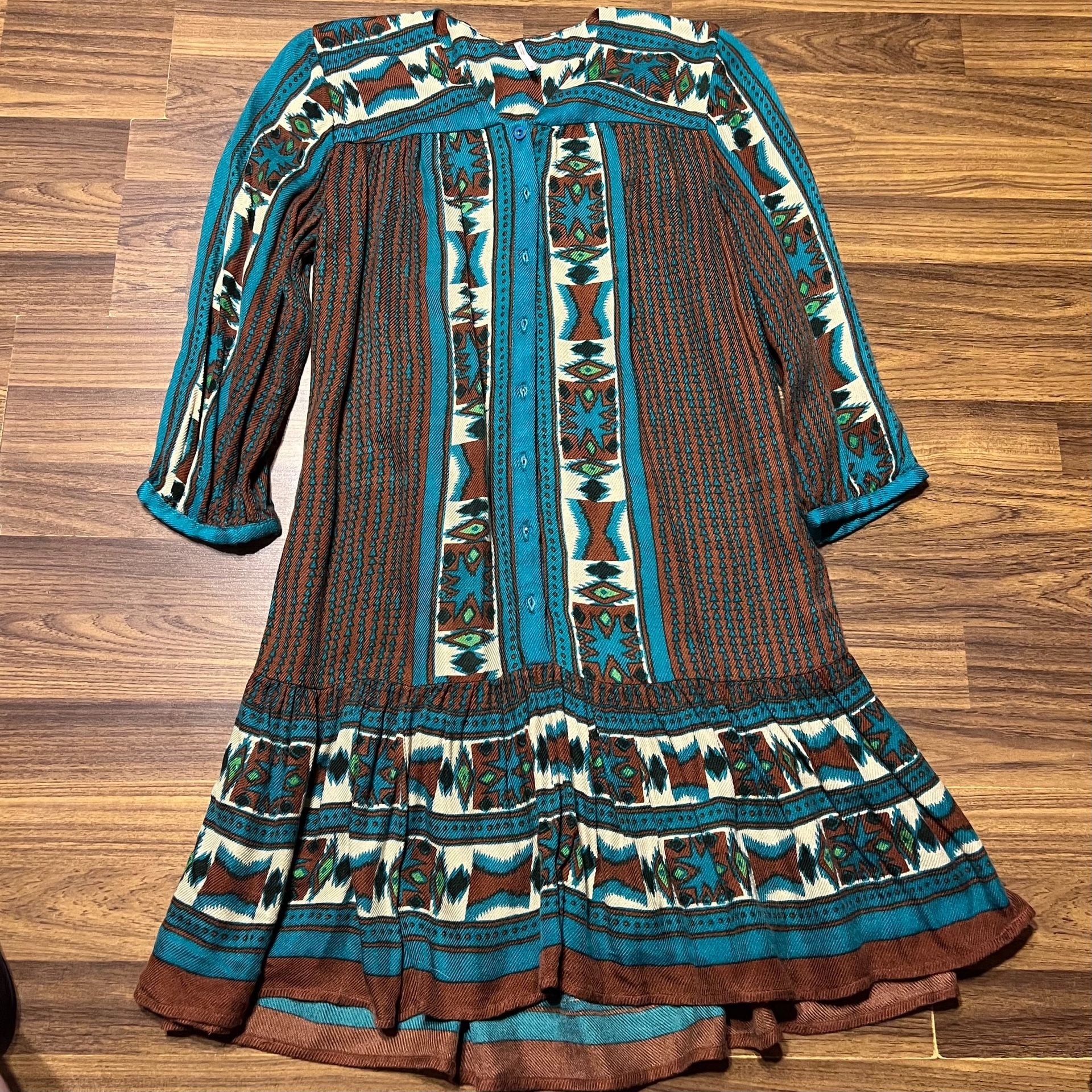 Free People Bow and Arrow Henley Mini Dress in Turquoise/Brown Print 2